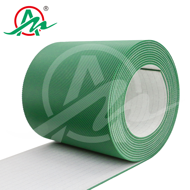 Green diamond pattern PVC conveyor belt with fiber bottom