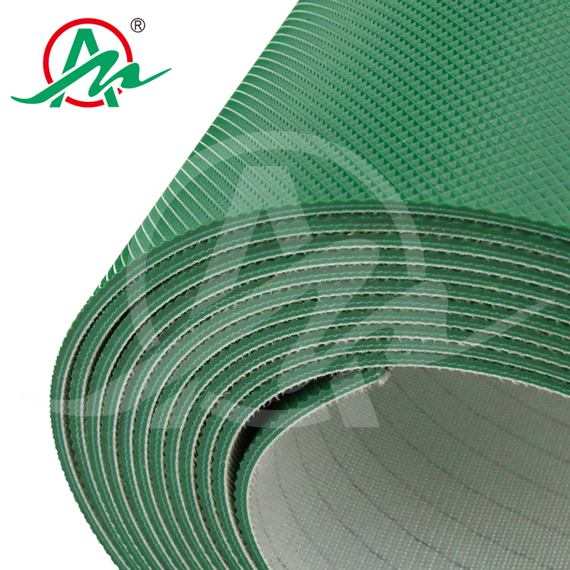 Green diamond pattern PVC conveyor belt with fiber bottom