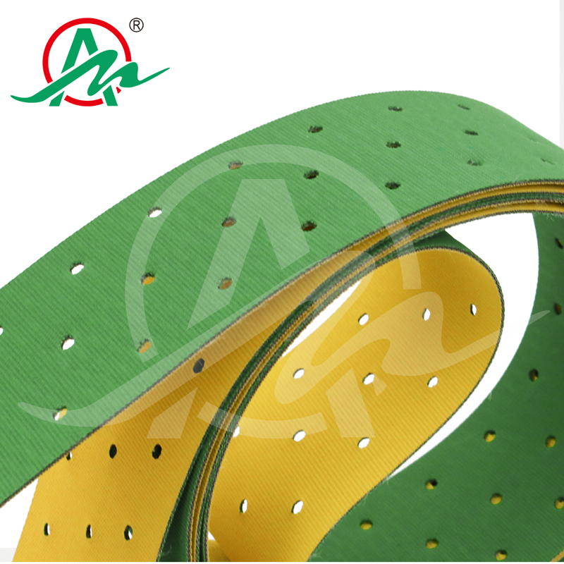 Nylon chip base band conveyor belt-green & yellow color with punching holes