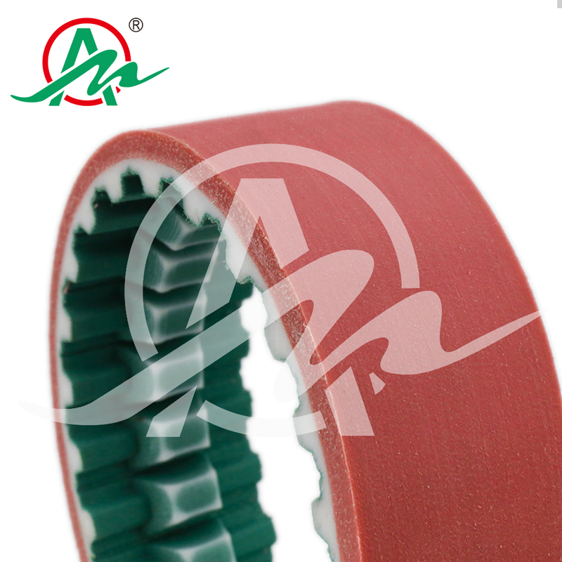 Customized PU timing belt, ATK with coating green NFT top and coating red rubber on bottom